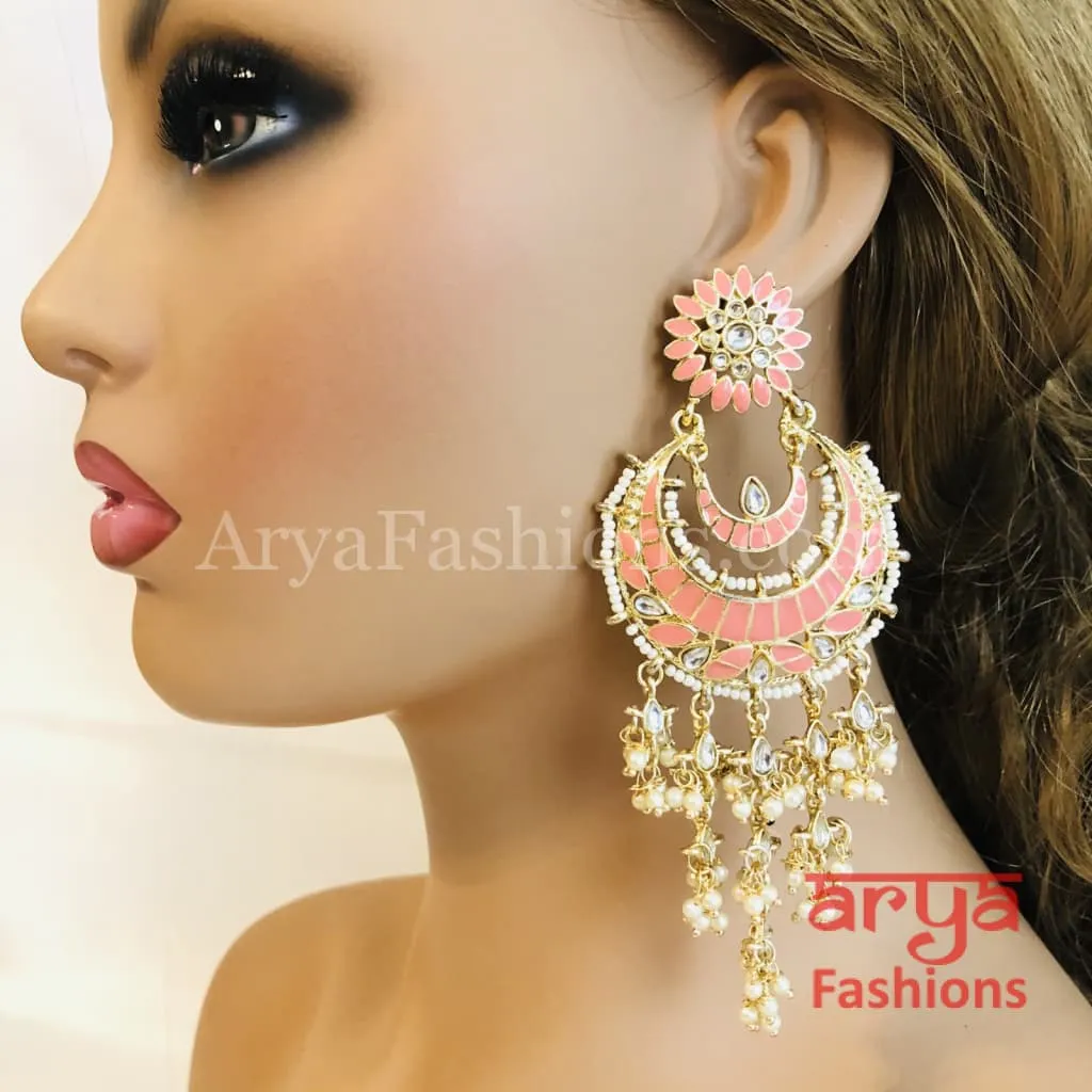 Mahi Kundan Meenakari Long Chandbalis with Pearl Beads