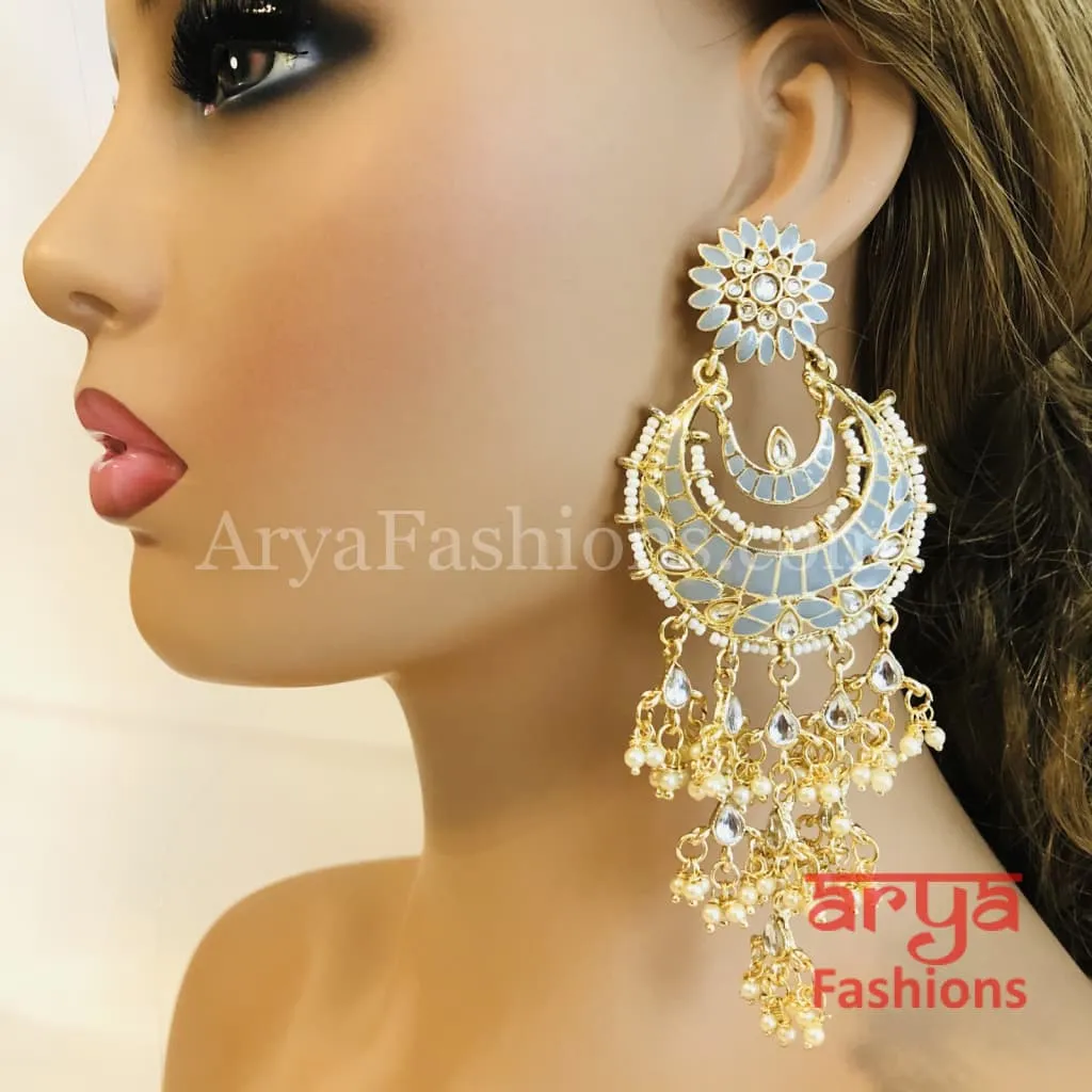 Mahi Kundan Meenakari Long Chandbalis with Pearl Beads