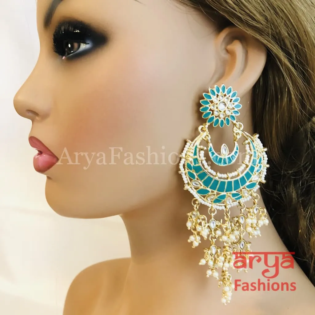 Mahi Kundan Meenakari Long Chandbalis with Pearl Beads