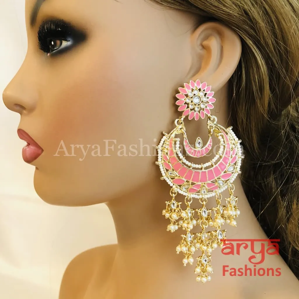 Mahi Kundan Meenakari Long Chandbalis with Pearl Beads