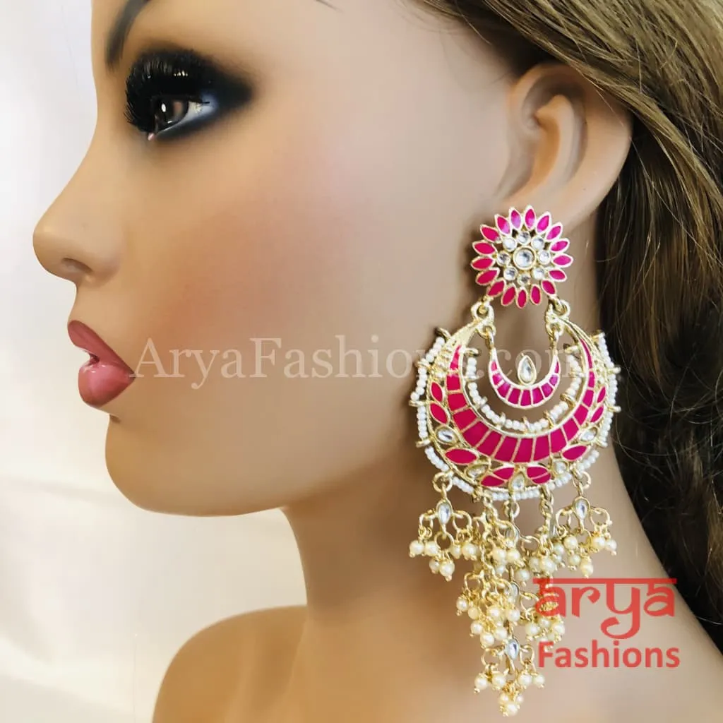 Mahi Kundan Meenakari Long Chandbalis with Pearl Beads