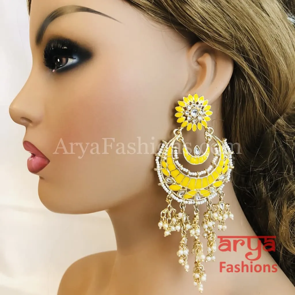 Mahi Kundan Meenakari Long Chandbalis with Pearl Beads