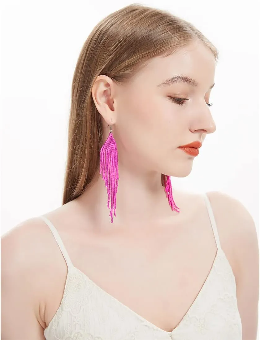 Native Long Beaded Earrings  Bohemian Large Handmade Beaded Tassel Chandelier Dangle Earrings, Boho Big Mexican Tribal Seed Bead Fringe Drop Earrings for Women