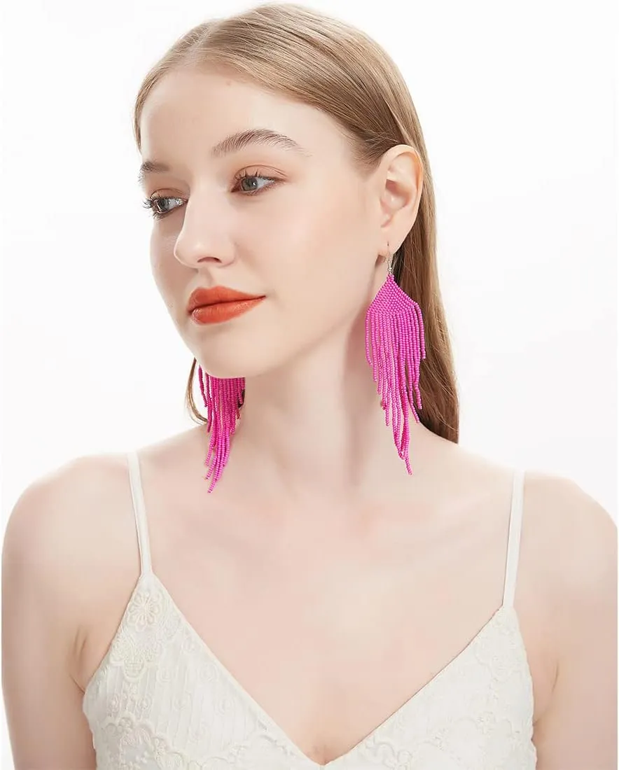 Native Long Beaded Earrings  Bohemian Large Handmade Beaded Tassel Chandelier Dangle Earrings, Boho Big Mexican Tribal Seed Bead Fringe Drop Earrings for Women