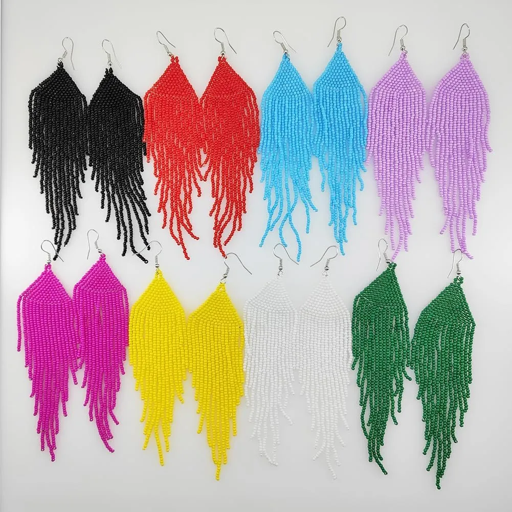Native Long Beaded Earrings  Bohemian Large Handmade Beaded Tassel Chandelier Dangle Earrings, Boho Big Mexican Tribal Seed Bead Fringe Drop Earrings for Women