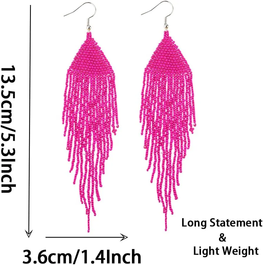 Native Long Beaded Earrings  Bohemian Large Handmade Beaded Tassel Chandelier Dangle Earrings, Boho Big Mexican Tribal Seed Bead Fringe Drop Earrings for Women