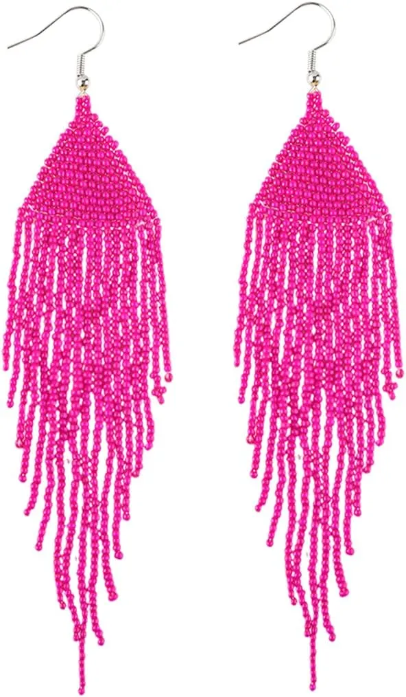 Native Long Beaded Earrings  Bohemian Large Handmade Beaded Tassel Chandelier Dangle Earrings, Boho Big Mexican Tribal Seed Bead Fringe Drop Earrings for Women