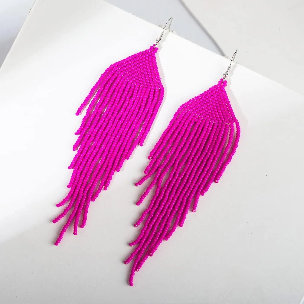 Native Long Beaded Earrings  Bohemian Large Handmade Beaded Tassel Chandelier Dangle Earrings, Boho Big Mexican Tribal Seed Bead Fringe Drop Earrings for Women