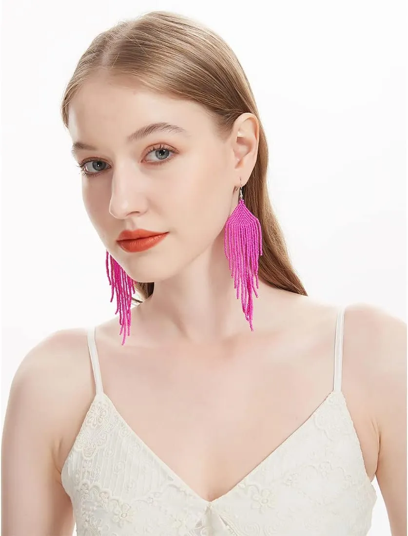 Native Long Beaded Earrings  Bohemian Large Handmade Beaded Tassel Chandelier Dangle Earrings, Boho Big Mexican Tribal Seed Bead Fringe Drop Earrings for Women