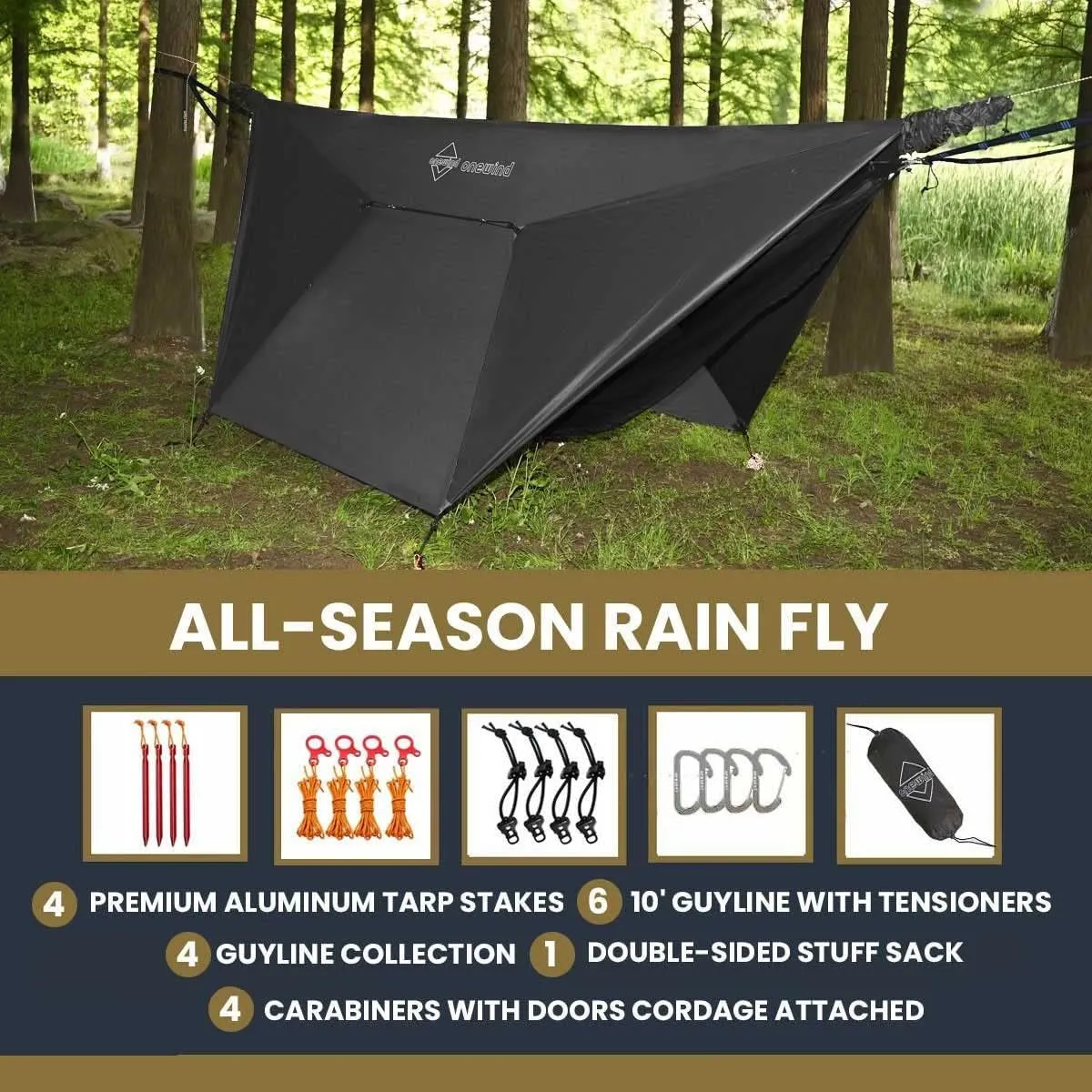 Onewind 1110 ft Hammock Tarp, Lightweight Silnylon Hammock Rain Fly, 4000mm Waterproof 4-Season Multiple Shelter Solution Camping Tarp Tent with Complete Accessories, Dark Grey
