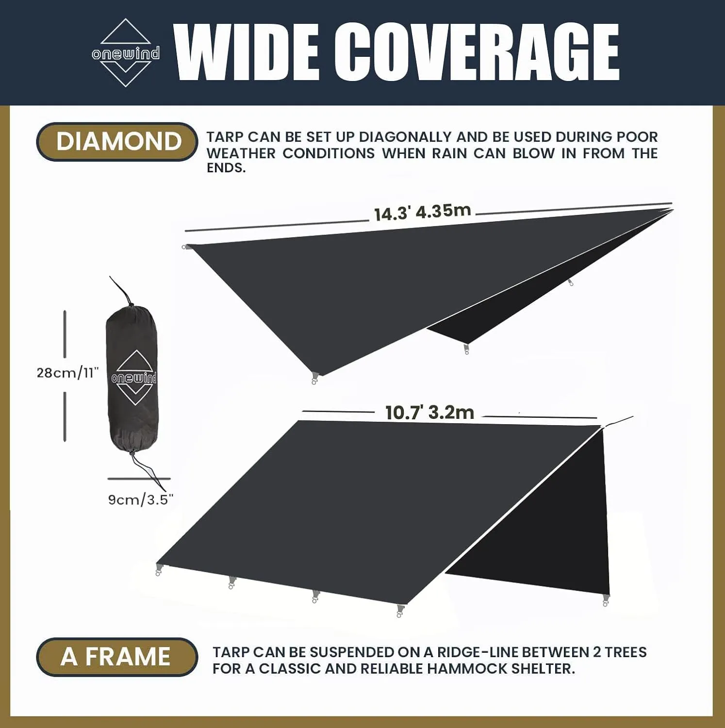 Onewind 1110 ft Hammock Tarp, Lightweight Silnylon Hammock Rain Fly, 4000mm Waterproof 4-Season Multiple Shelter Solution Camping Tarp Tent with Complete Accessories, Dark Grey