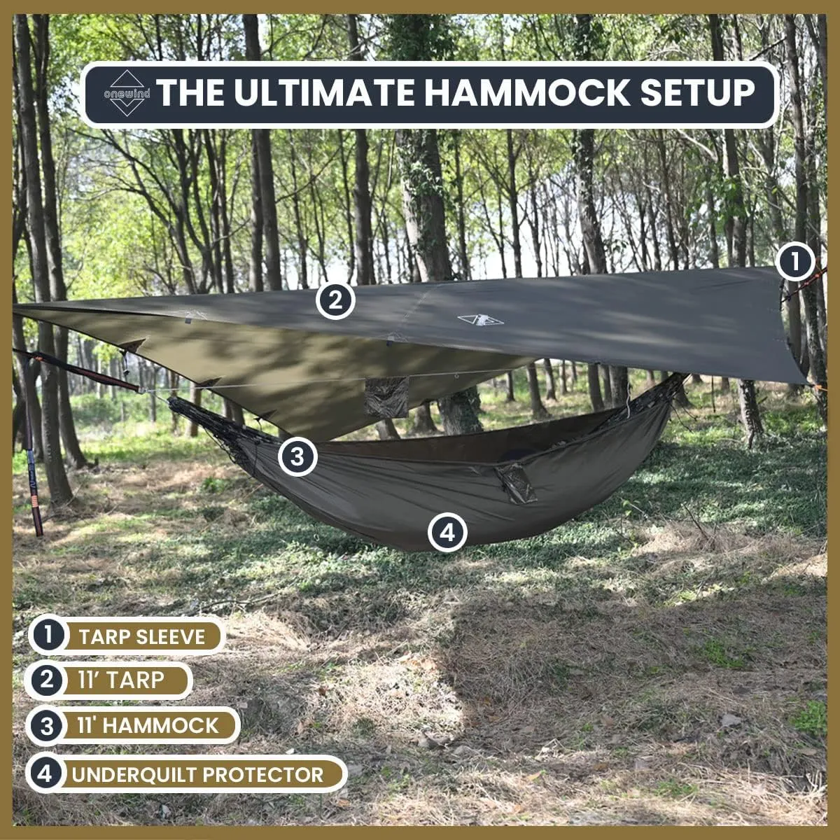 Onewind 1110 ft Hammock Tarp, Lightweight Silnylon Hammock Rain Fly, 4000mm Waterproof 4-Season Multiple Shelter Solution Camping Tarp Tent with Complete Accessories, Dark Grey