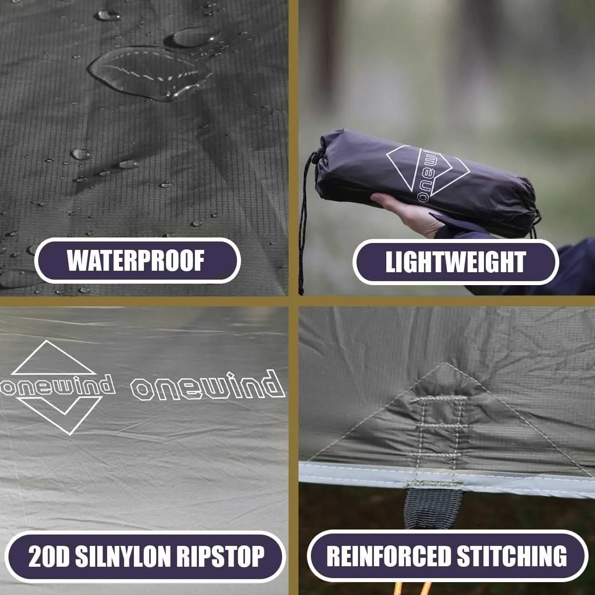 Onewind 1110 ft Hammock Tarp, Lightweight Silnylon Hammock Rain Fly, 4000mm Waterproof 4-Season Multiple Shelter Solution Camping Tarp Tent with Complete Accessories, Dark Grey