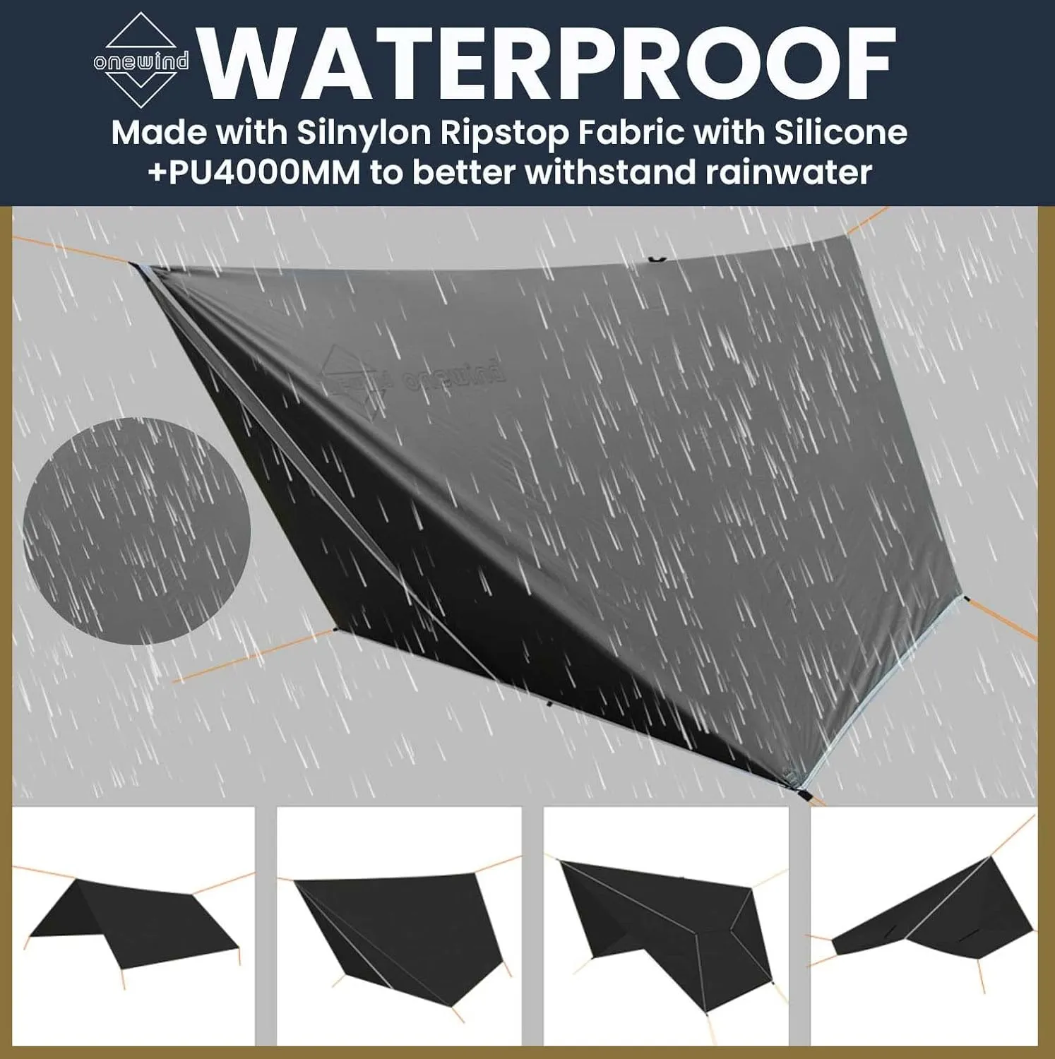 Onewind 1110 ft Hammock Tarp, Lightweight Silnylon Hammock Rain Fly, 4000mm Waterproof 4-Season Multiple Shelter Solution Camping Tarp Tent with Complete Accessories, Dark Grey