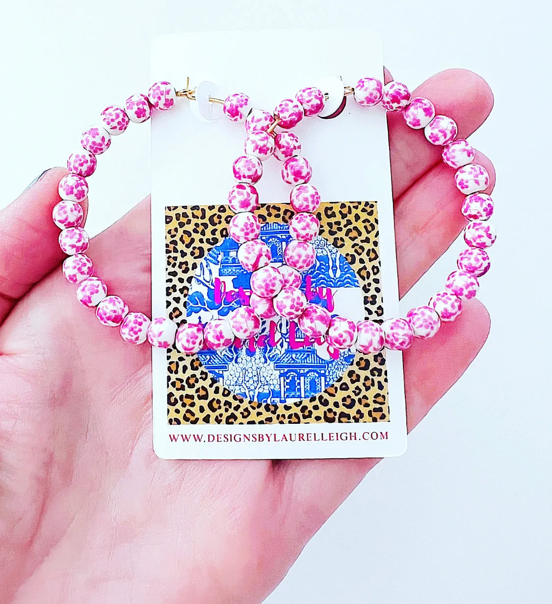 Pink & White Chinoiserie Floral Beaded Hoops