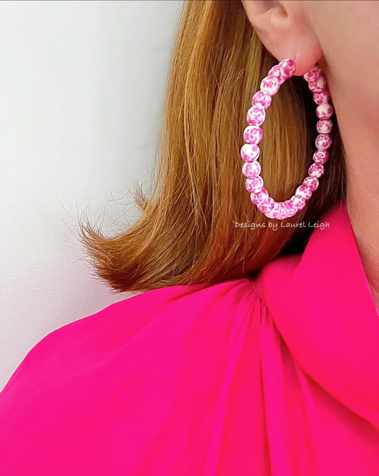 Pink & White Chinoiserie Floral Beaded Hoops