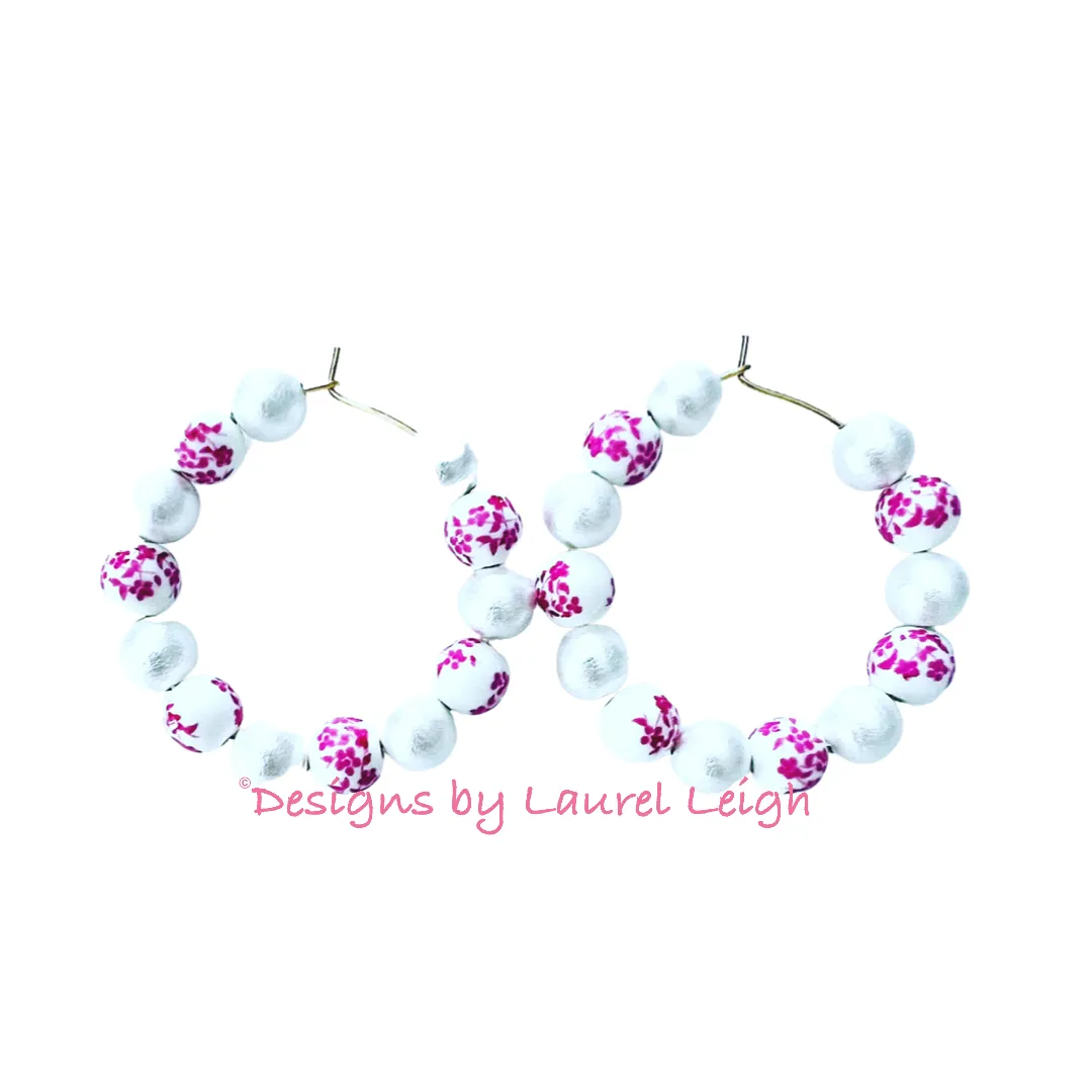 Pink & White Chinoiserie Floral Beaded Hoops