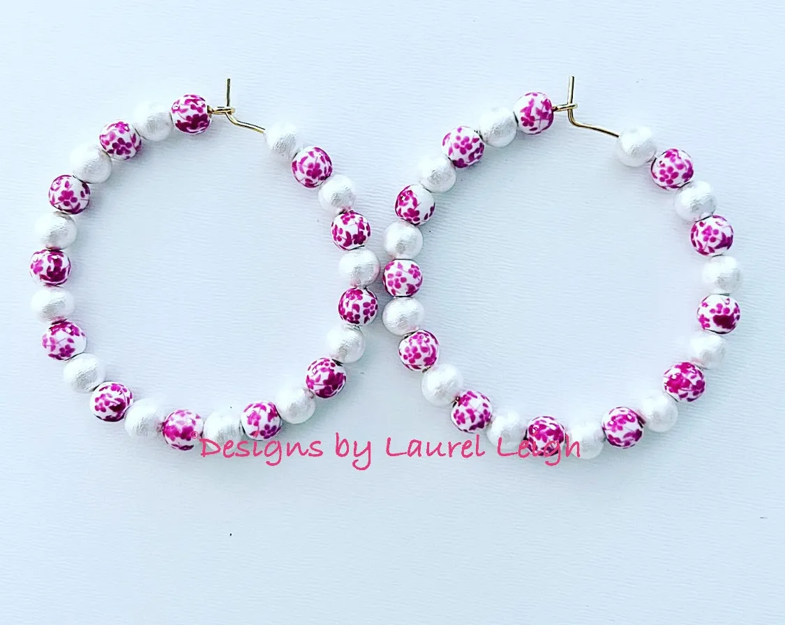 Pink & White Chinoiserie Floral Beaded Hoops