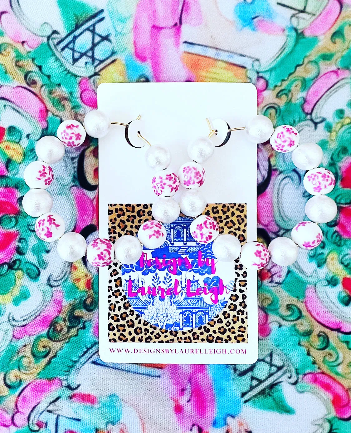 Pink & White Chinoiserie Floral Beaded Hoops