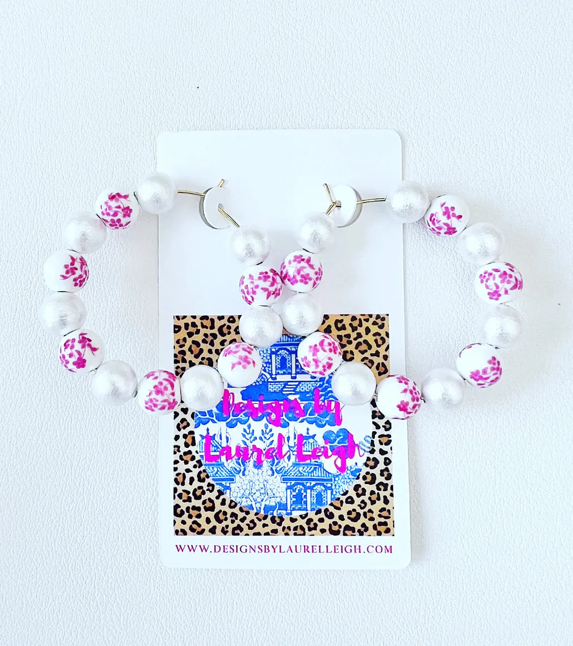 Pink & White Chinoiserie Floral Beaded Hoops