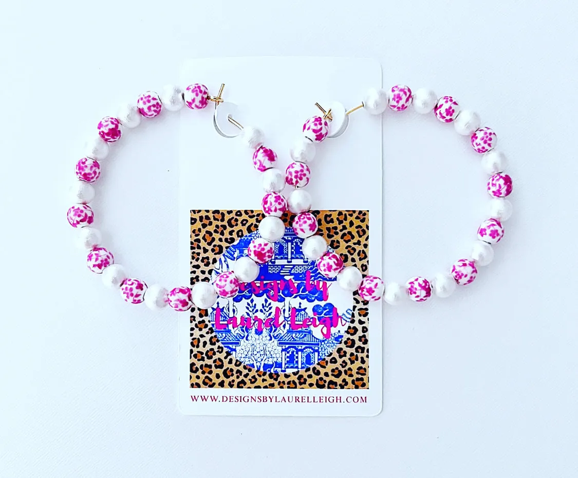 Pink & White Chinoiserie Floral Beaded Hoops