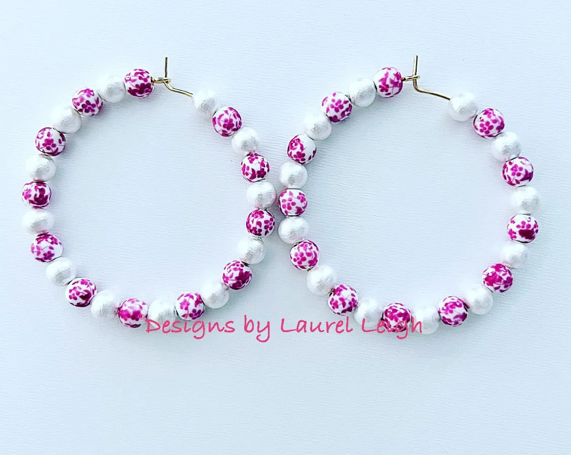Pink & White Chinoiserie Floral Beaded Hoops
