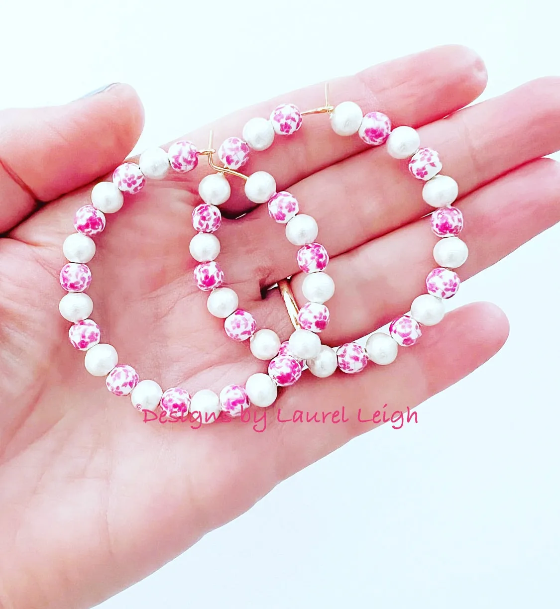 Pink & White Chinoiserie Floral Beaded Hoops