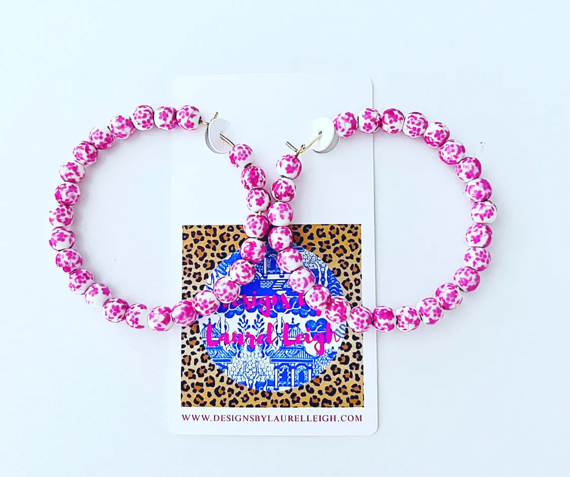 Pink & White Chinoiserie Floral Beaded Hoops