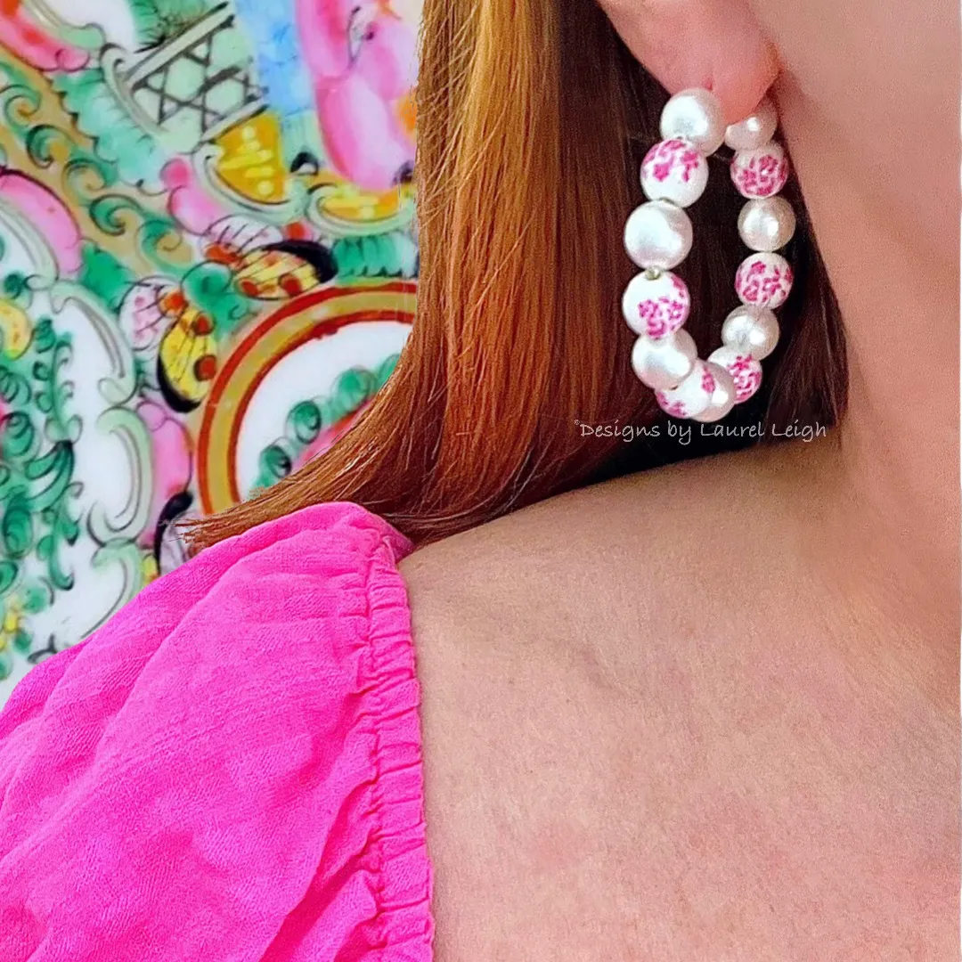 Pink & White Chinoiserie Floral Beaded Hoops