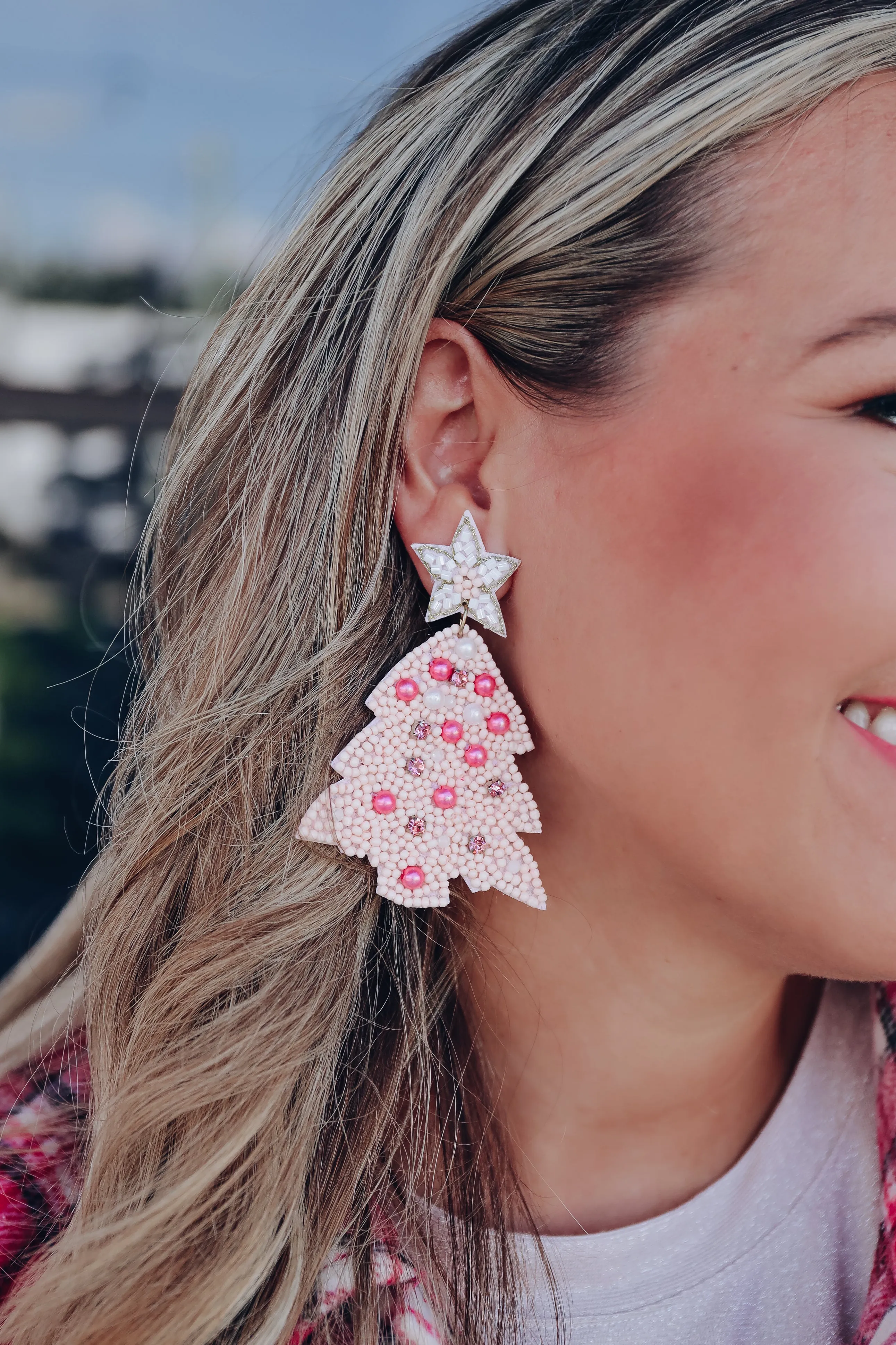 Pink Christmas Tree Beaded Earrings - Pink