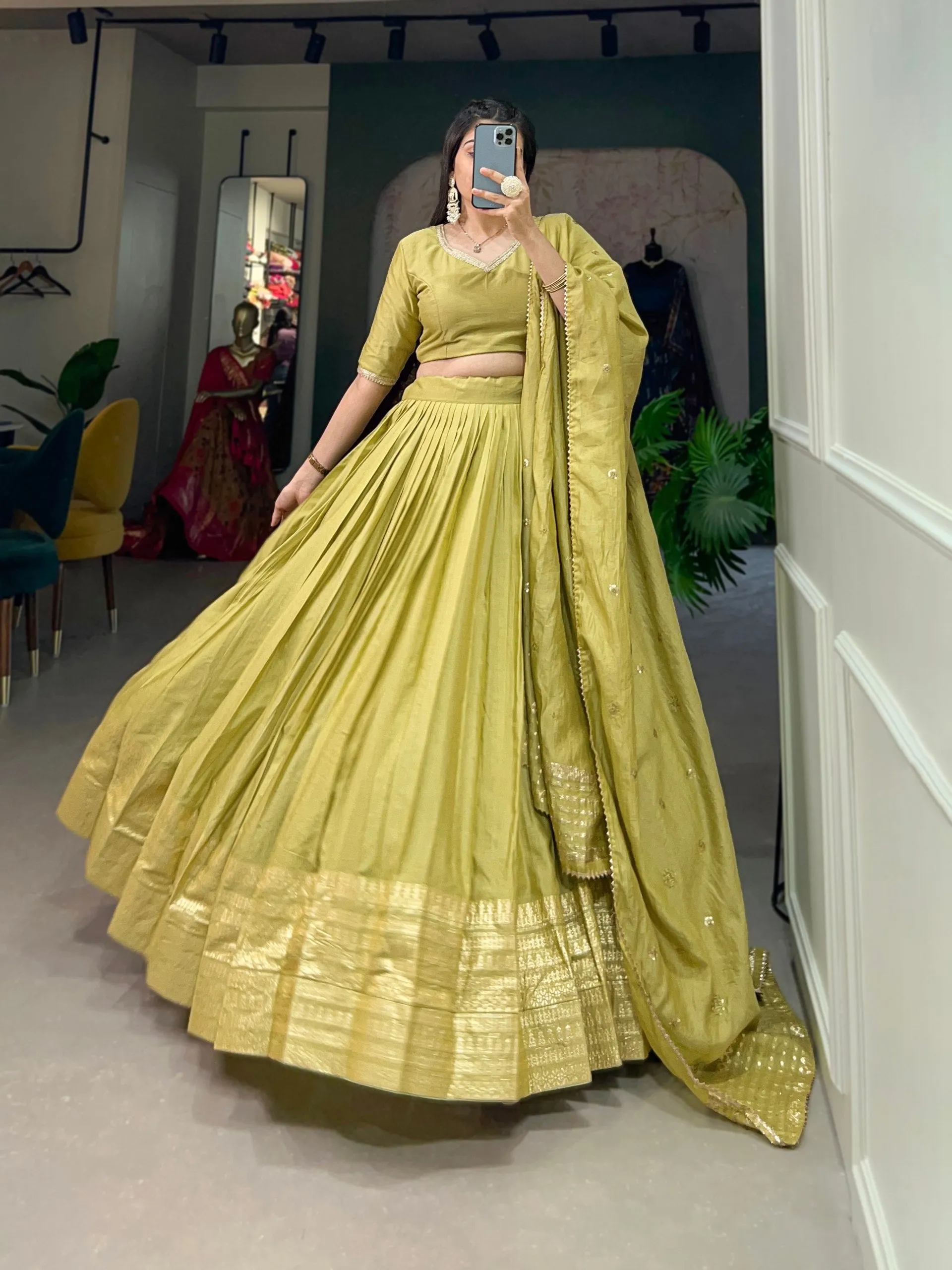 Pista Green Pure Chanderi Lehenga Choli Set with Zari Border & Sequin Dupatta