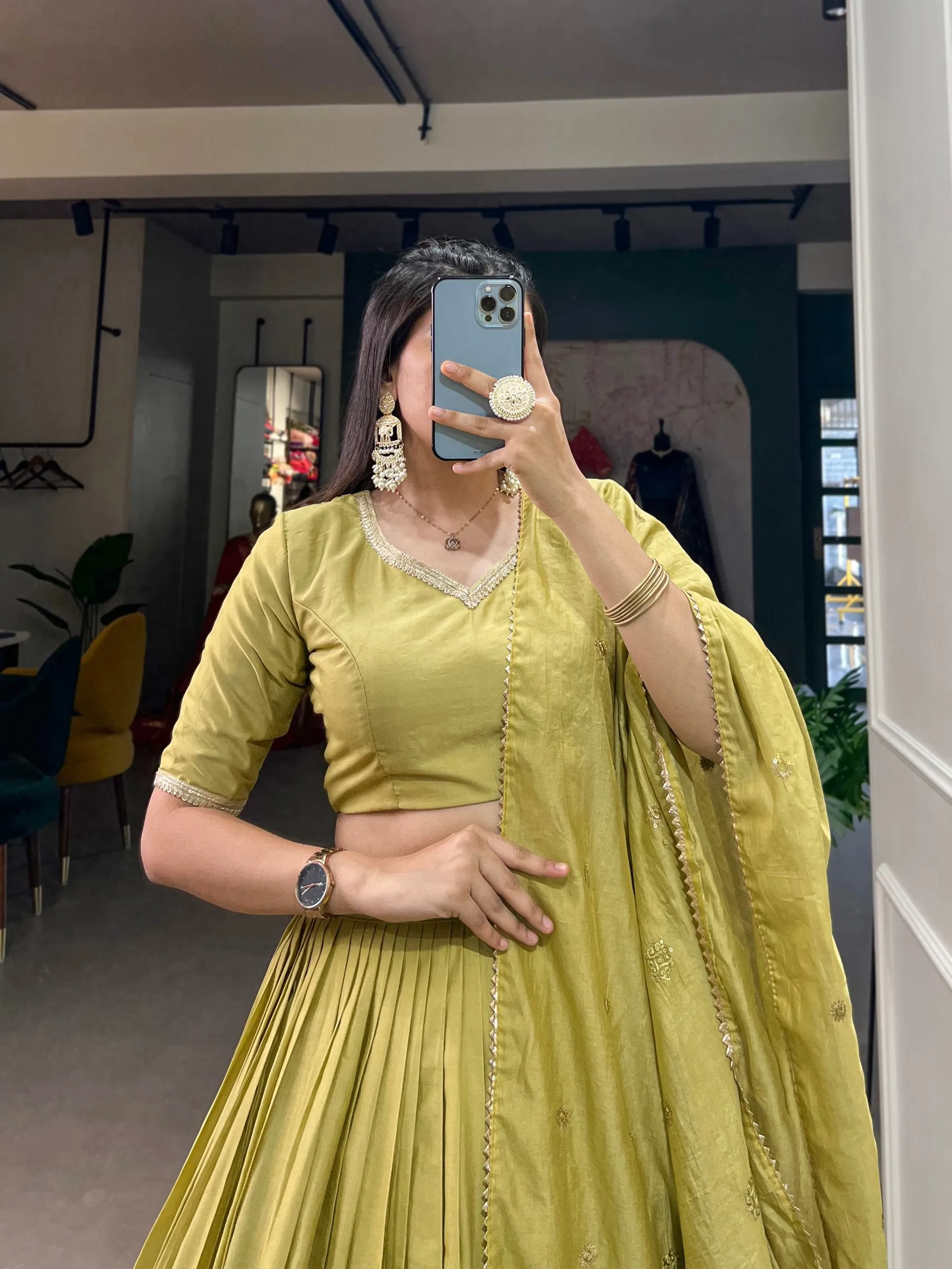 Pista Green Pure Chanderi Lehenga Choli Set with Zari Border & Sequin Dupatta