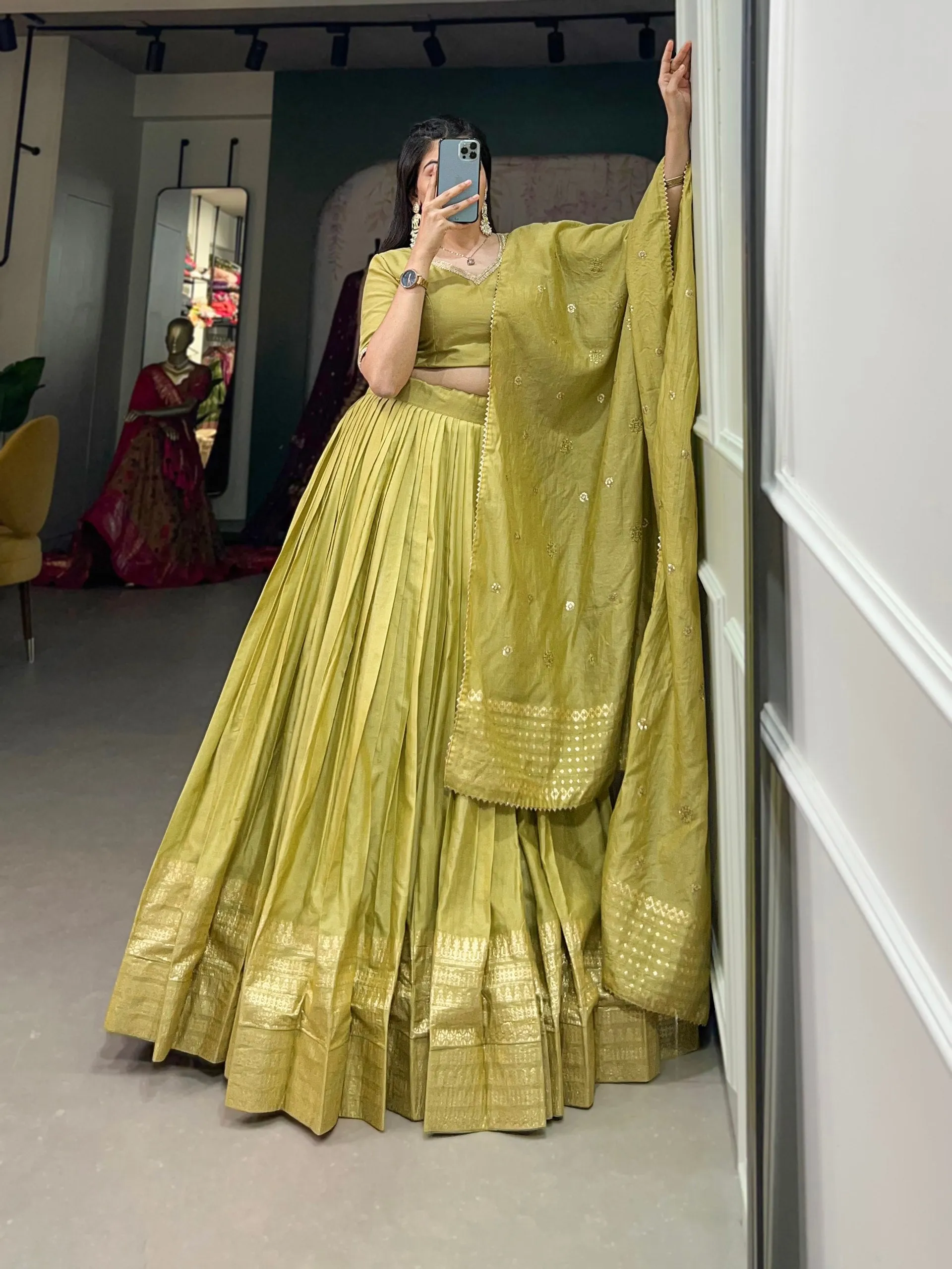 Pista Green Pure Chanderi Lehenga Choli Set with Zari Border & Sequin Dupatta