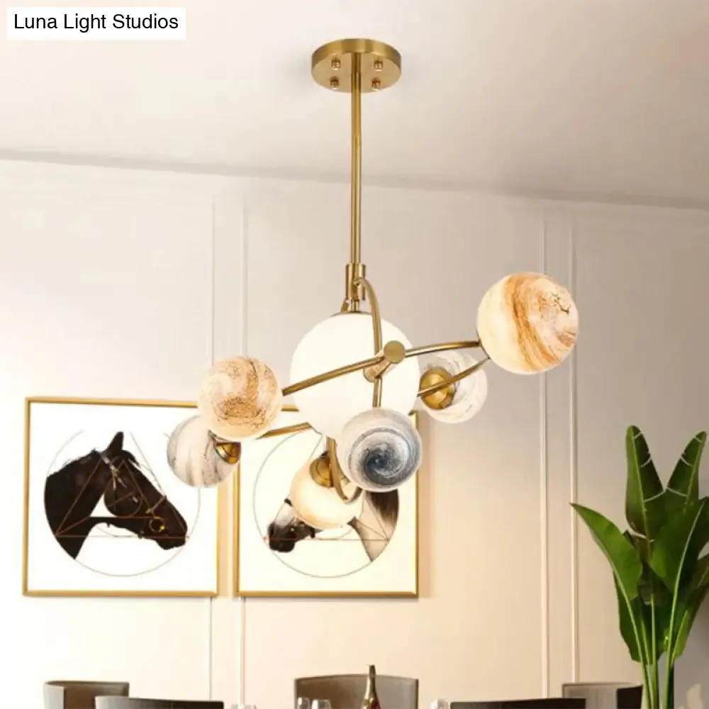 Planet Children's Chandelier: Stained Glass, 7-Light Ceiling Light with Metal Ring in Gold - Modern & Stylish