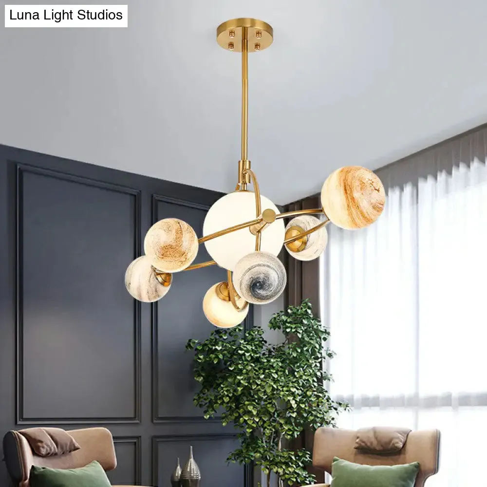 Planet Children's Chandelier: Stained Glass, 7-Light Ceiling Light with Metal Ring in Gold - Modern & Stylish