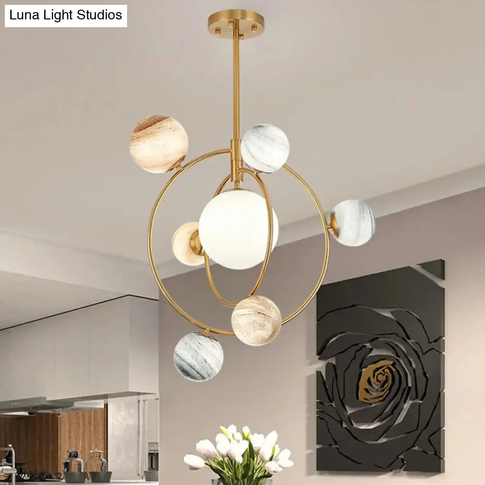Planet Children's Chandelier: Stained Glass, 7-Light Ceiling Light with Metal Ring in Gold - Modern & Stylish