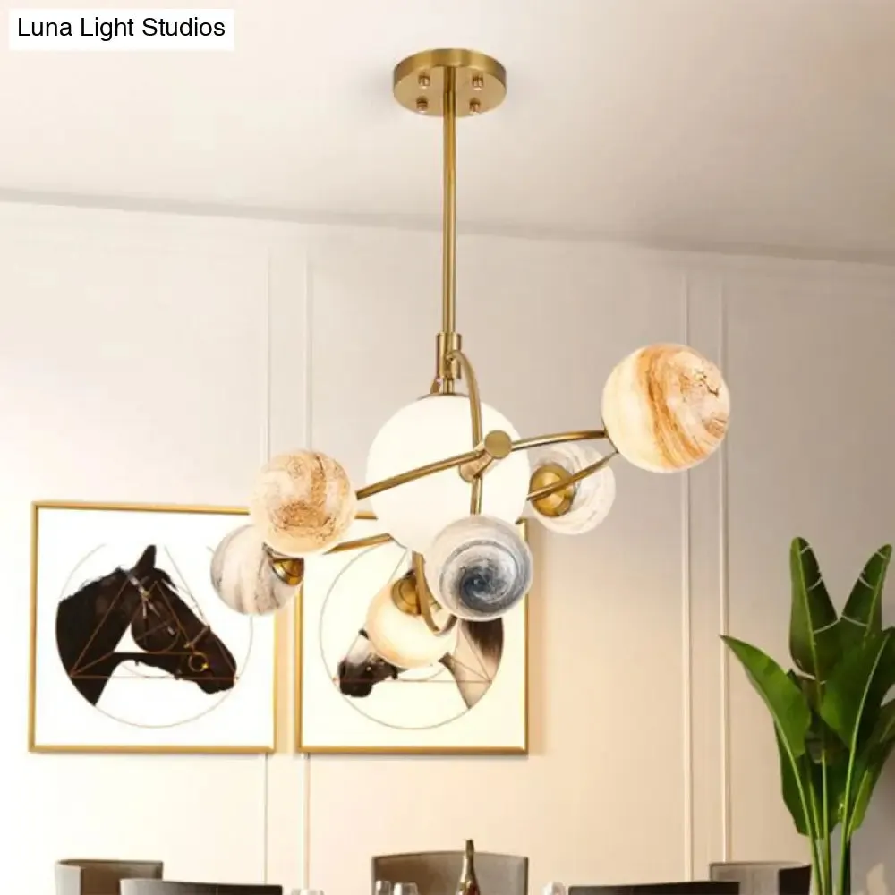 Planet Children's Chandelier: Stained Glass, 7-Light Ceiling Light with Metal Ring in Gold - Modern & Stylish