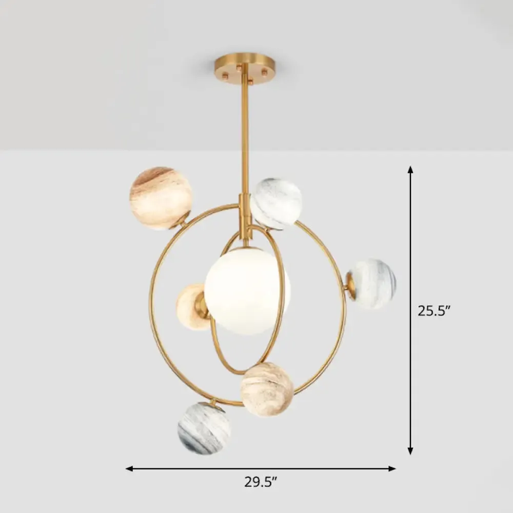 Planet Children's Chandelier: Stained Glass, 7-Light Ceiling Light with Metal Ring in Gold - Modern & Stylish