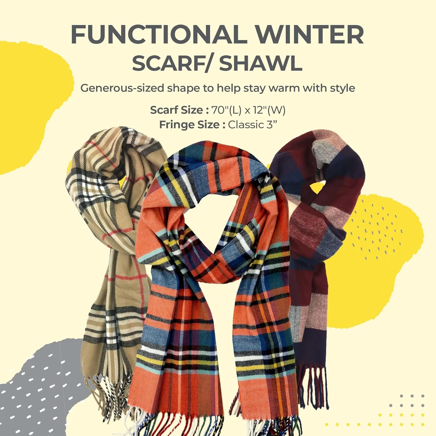 Plum Feathers Plaid Check and Solid Cashmere Feel Winter Scarf, Warm Scarfs, Cold Weather Accessories, Fringe Scarves