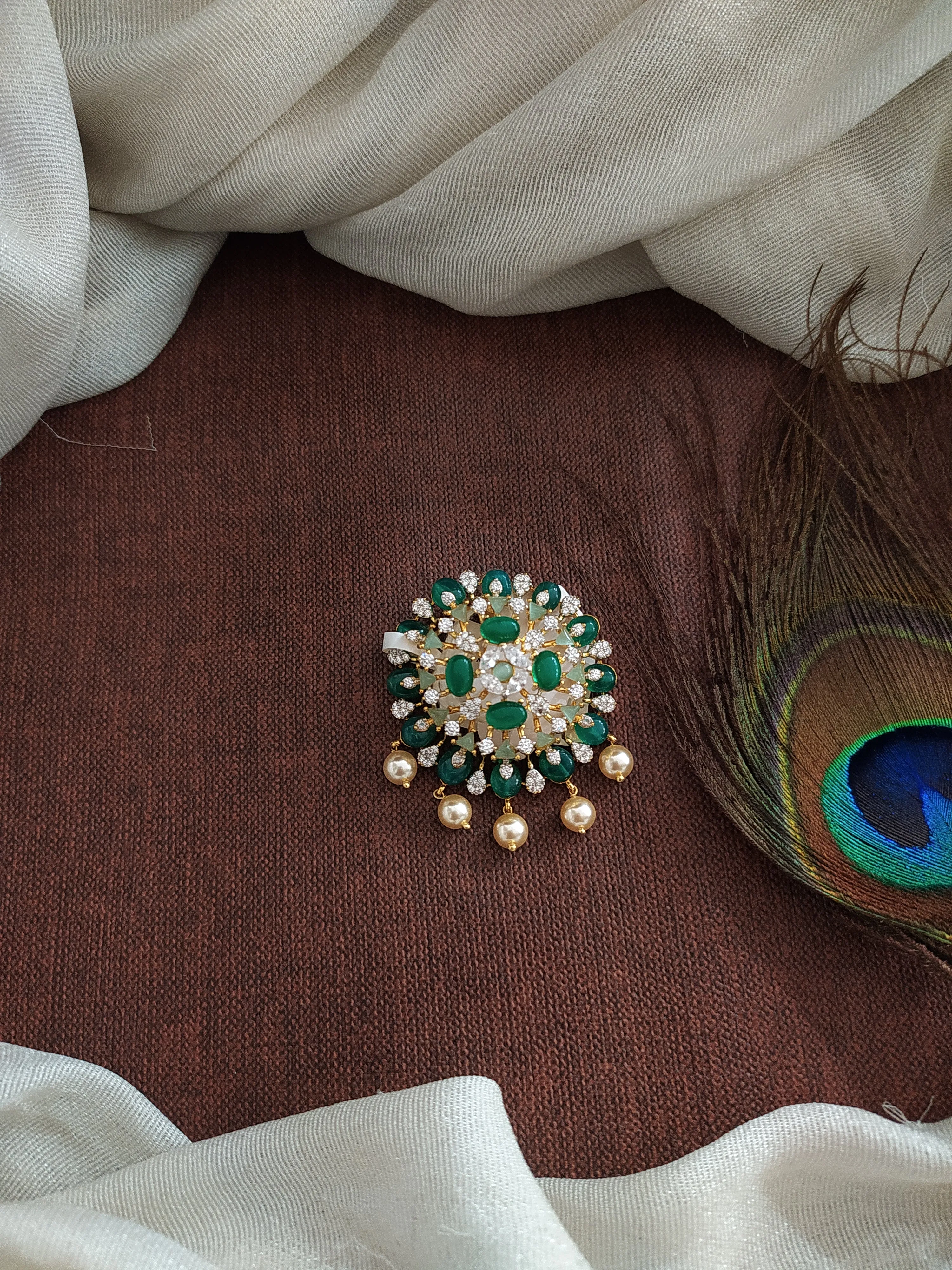 Pure Silver Gold-Diamond Finish Micro CZ Pendant Set with Beads in Light & Dark Green, Mint with Swarovski Drops
