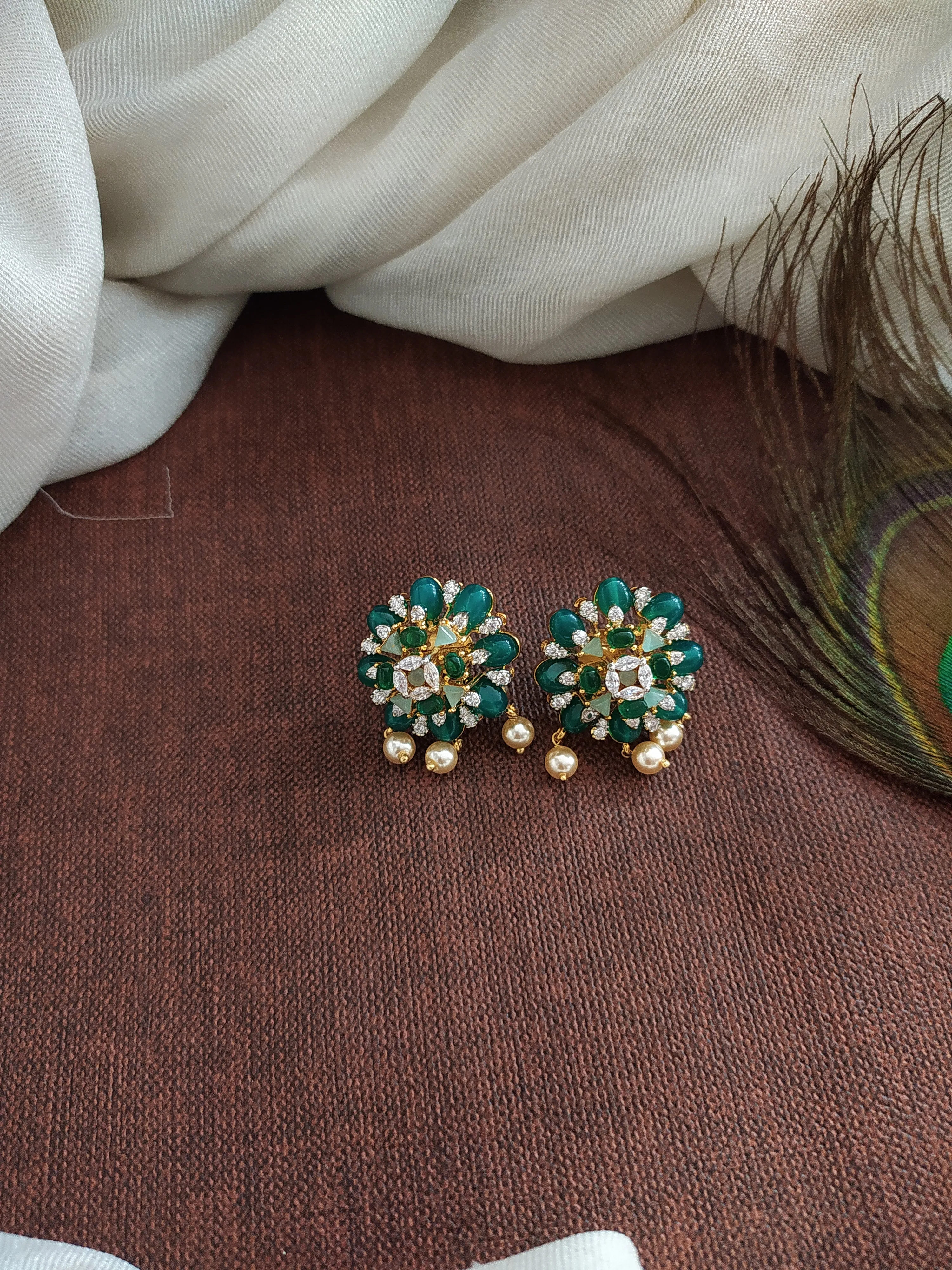 Pure Silver Gold-Diamond Finish Micro CZ Pendant Set with Beads in Light & Dark Green, Mint with Swarovski Drops