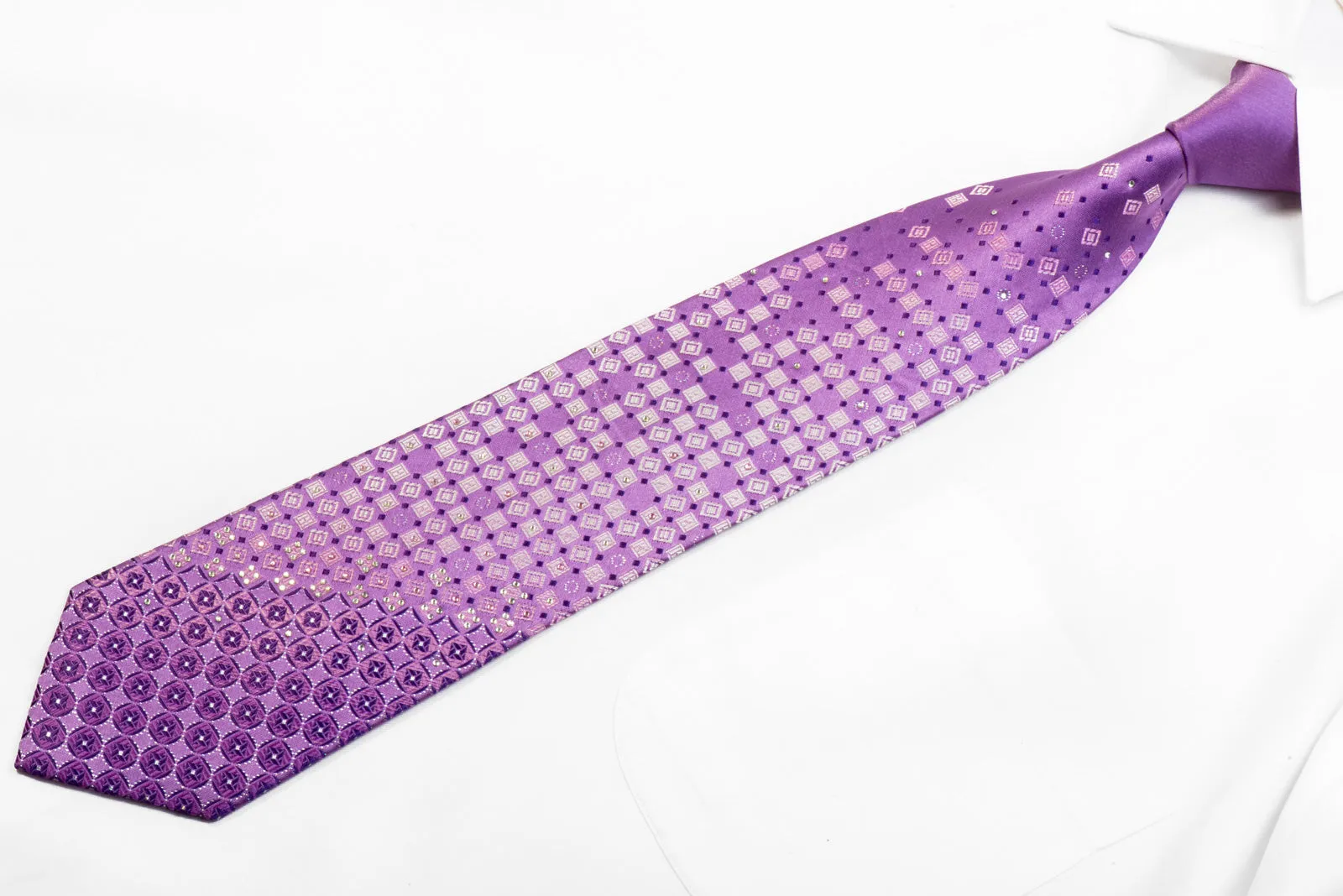 RDC Rhinestone Silk Tie Silver Geometric On Mauve With Silver Sparkles