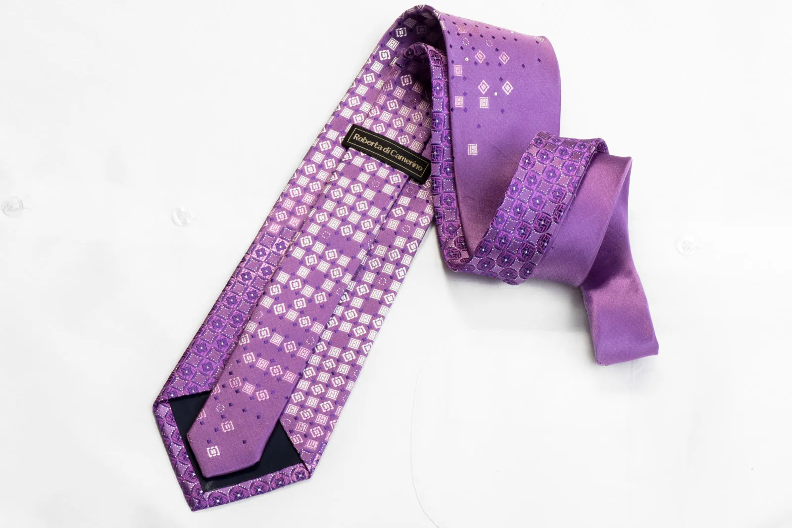 RDC Rhinestone Silk Tie Silver Geometric On Mauve With Silver Sparkles