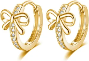Reffeer Solid 925 Sterling Silver CZ Bow Hoop Earrings Ribbon for Women Teens Bowknot Hoop Earrings Huggie