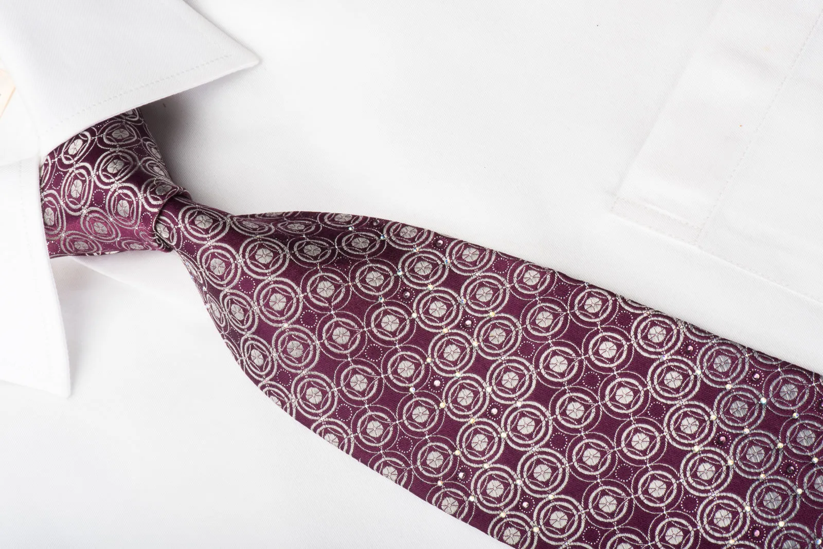 Renoma Rhinestone Silk Necktie Silver Circles On Burgundy With Sparkles