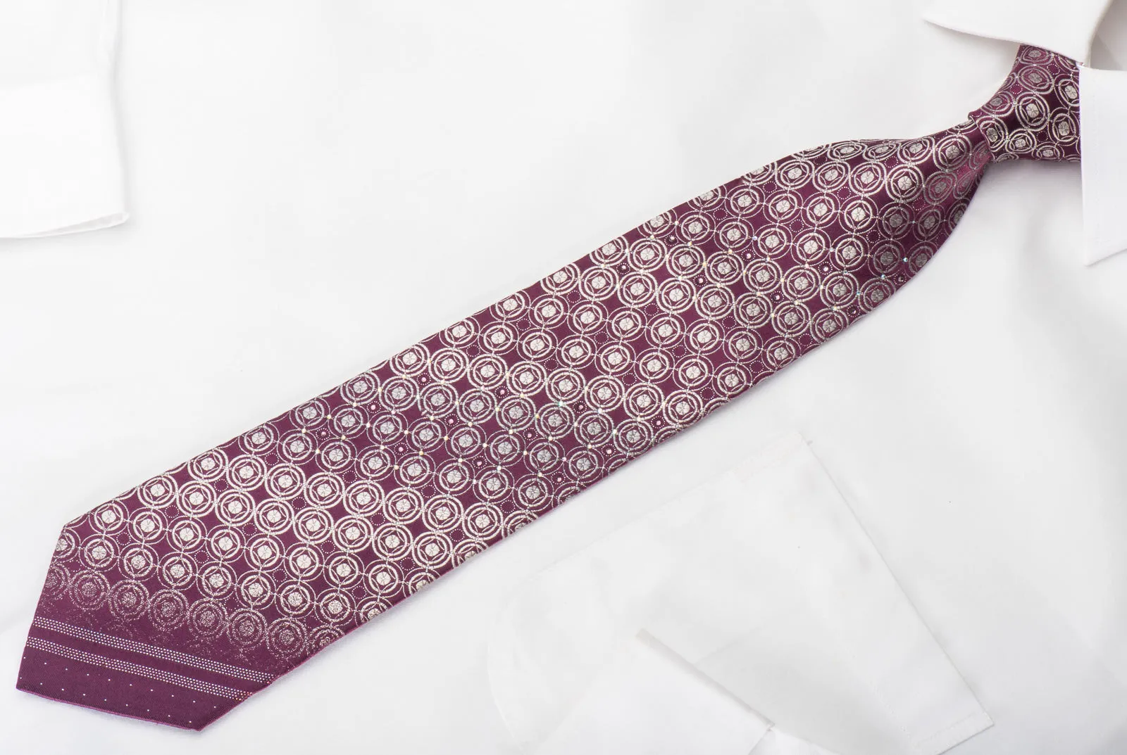 Renoma Rhinestone Silk Necktie Silver Circles On Burgundy With Sparkles