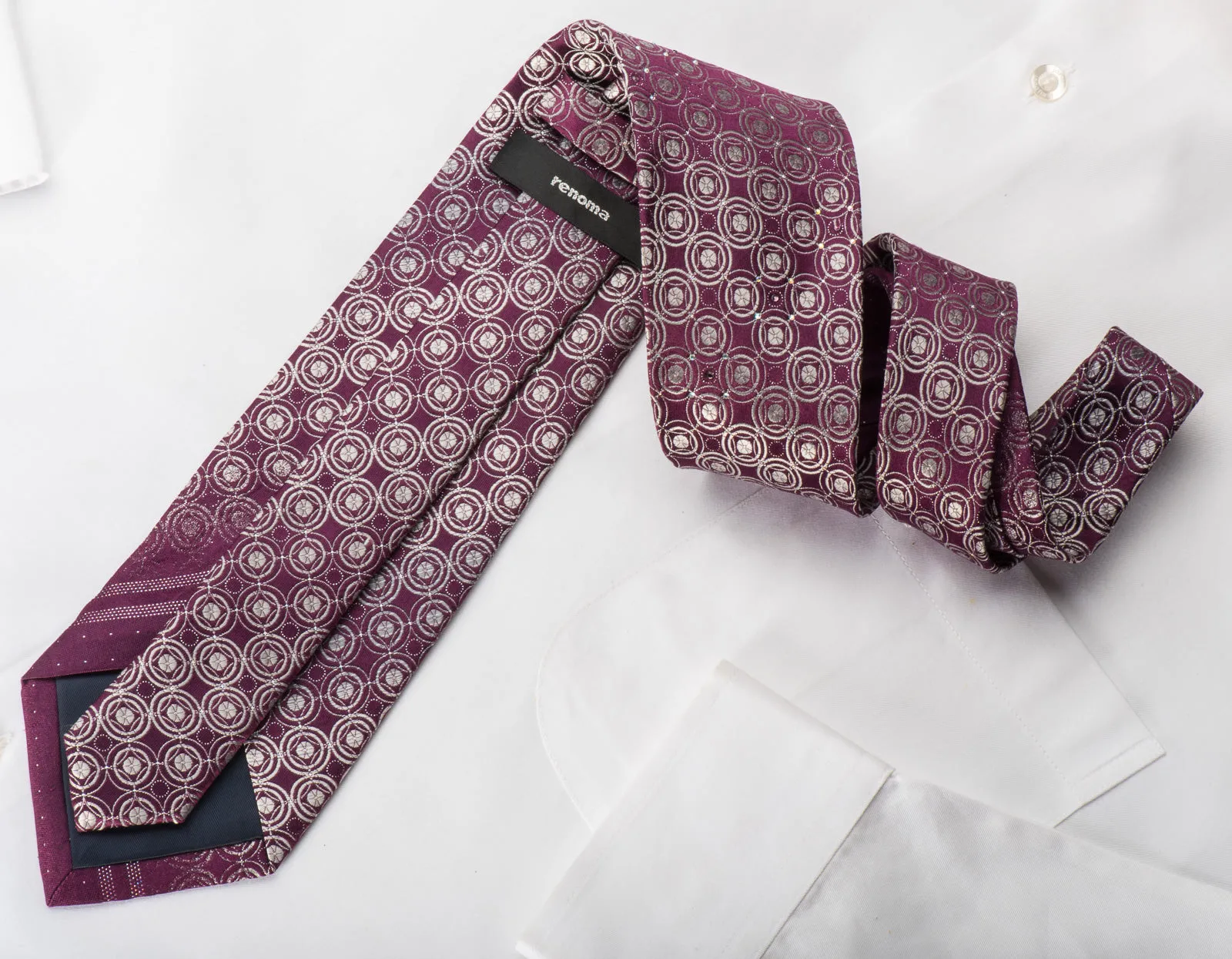 Renoma Rhinestone Silk Necktie Silver Circles On Burgundy With Sparkles