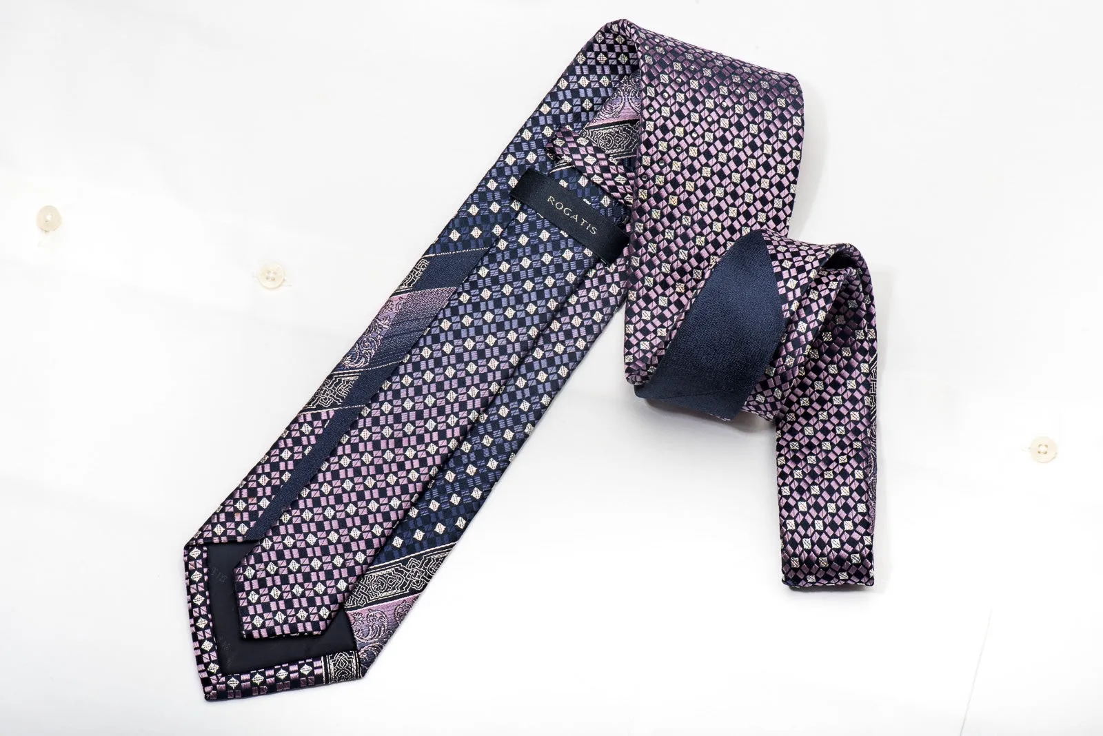 Rogatis Men's Rhinestone Silk Necktie Silver Purple Checkered With Silver Sparkles