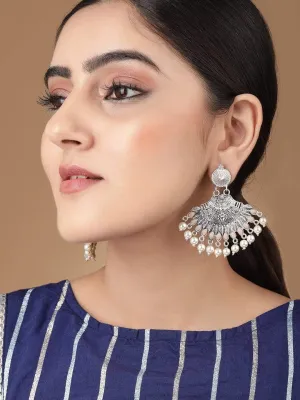 Rubans Silver Plated Handcrafted Peal Rimmed Oxidised Chandbali Earrings