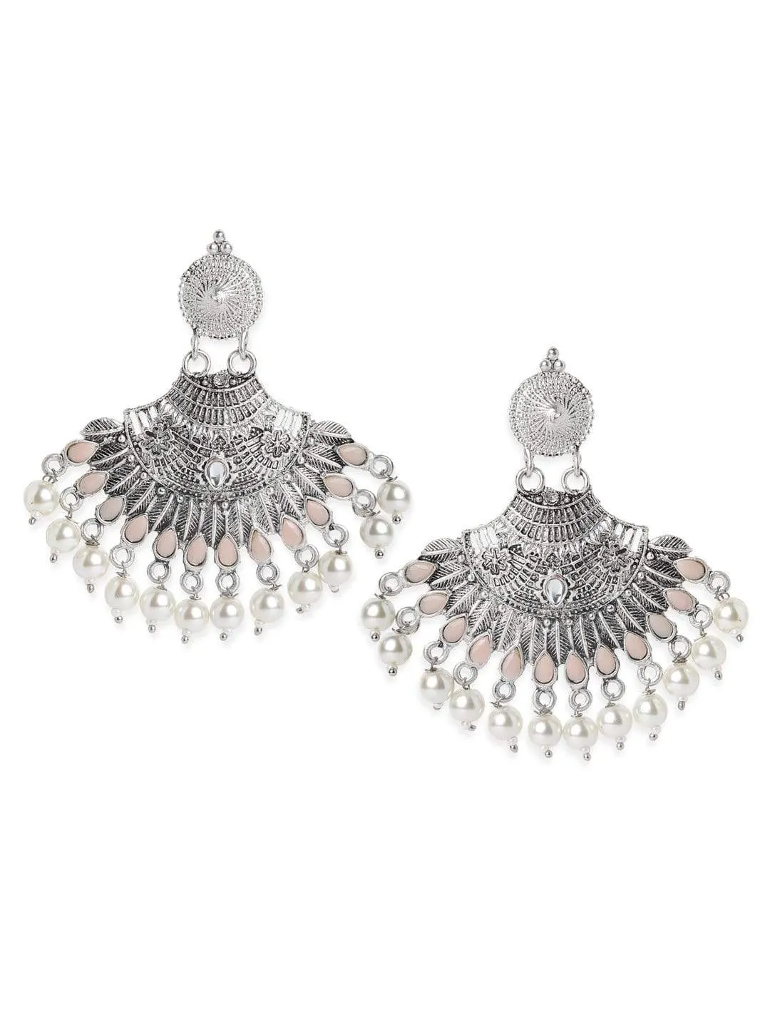 Rubans Silver Plated Handcrafted Peal Rimmed Oxidised Chandbali Earrings